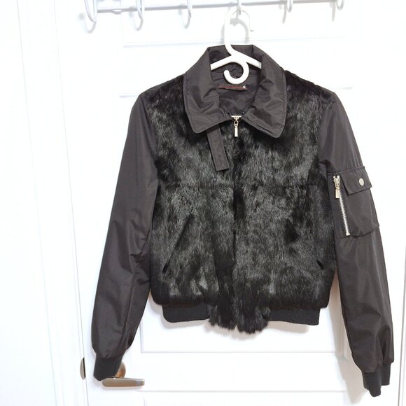RK Black bomber jacket with rabbit hair front and detachable rabbit hair collar - Picture 6 of 12